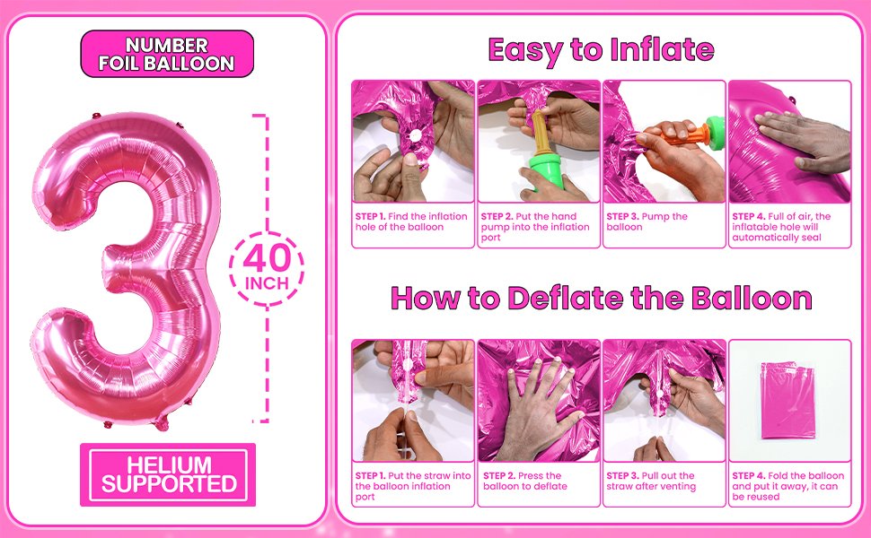 Hot pink number 3 foil balloon with inflation instructions and size indicator.