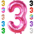 Collection of foil number 3 balloons in various colors including pink, gold, blue, green, red, purple, and silver.
