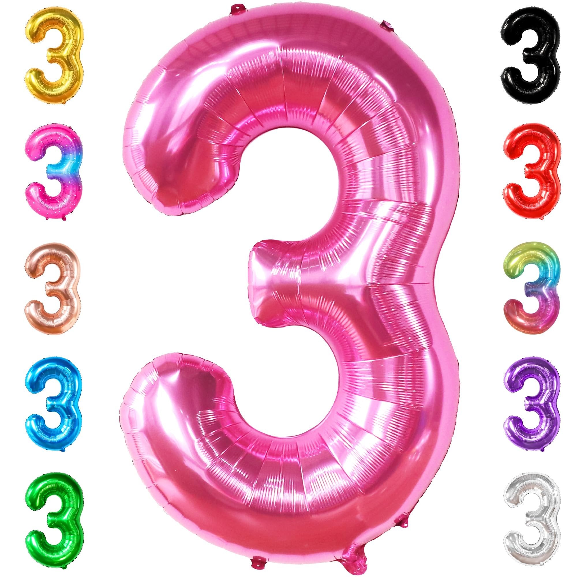 Collection of foil number 3 balloons in various colors including pink, gold, blue, green, red, purple, and silver.