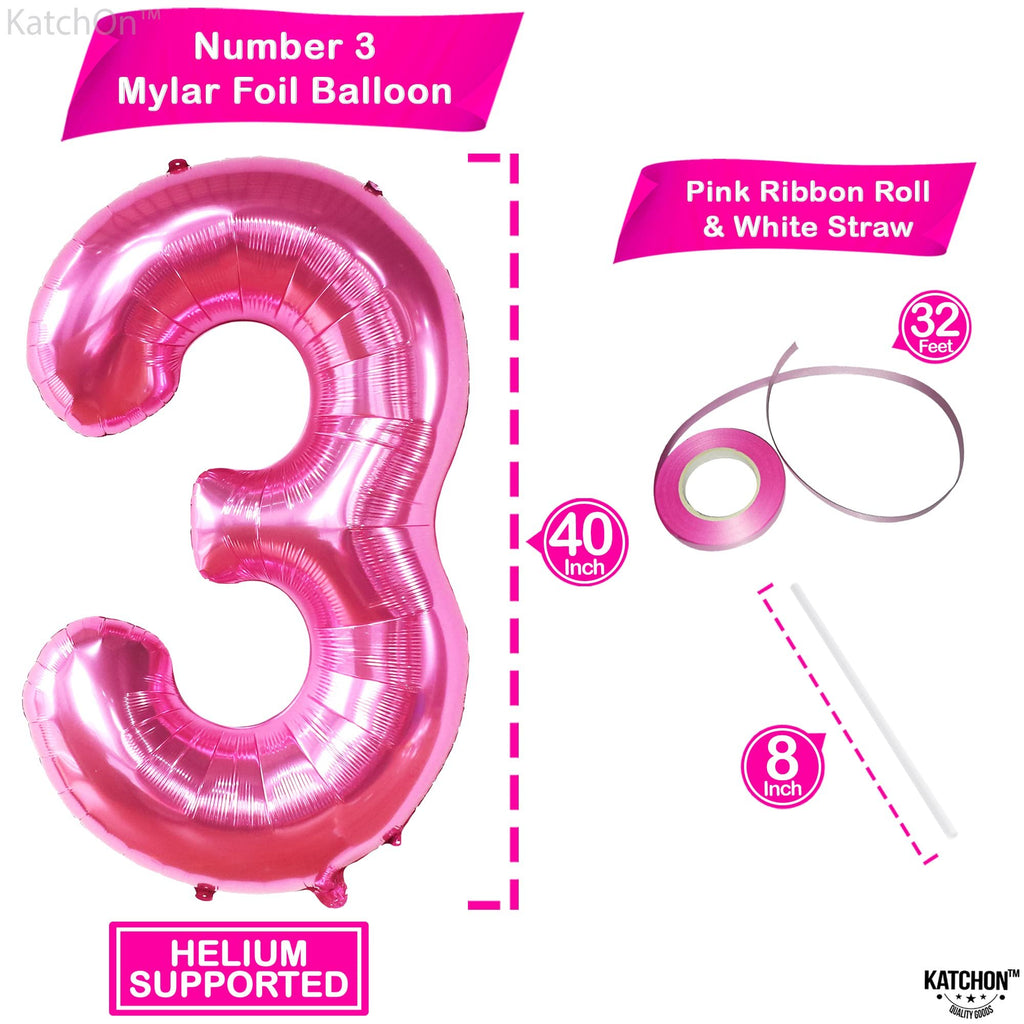 Hot pink number 3 Mylar foil balloon with ribbon and straw, shown with size indicators.