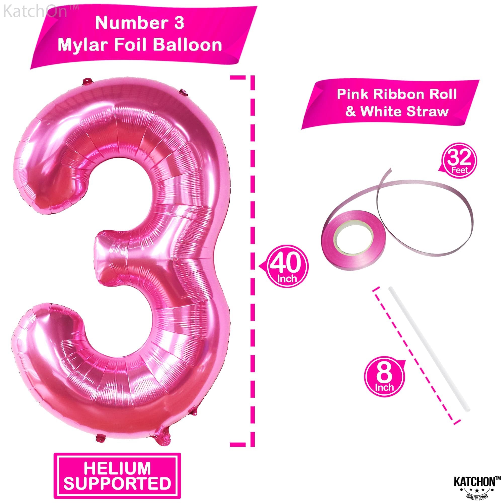Hot pink number 3 Mylar foil balloon with ribbon and straw, shown with size indicators.