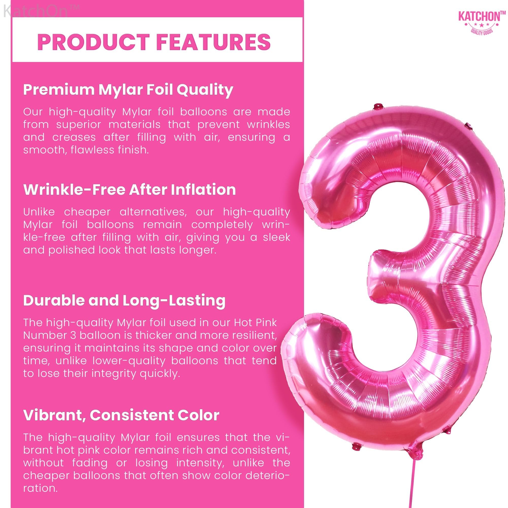 Hot pink number 3 foil balloon with product features listed on the left side.