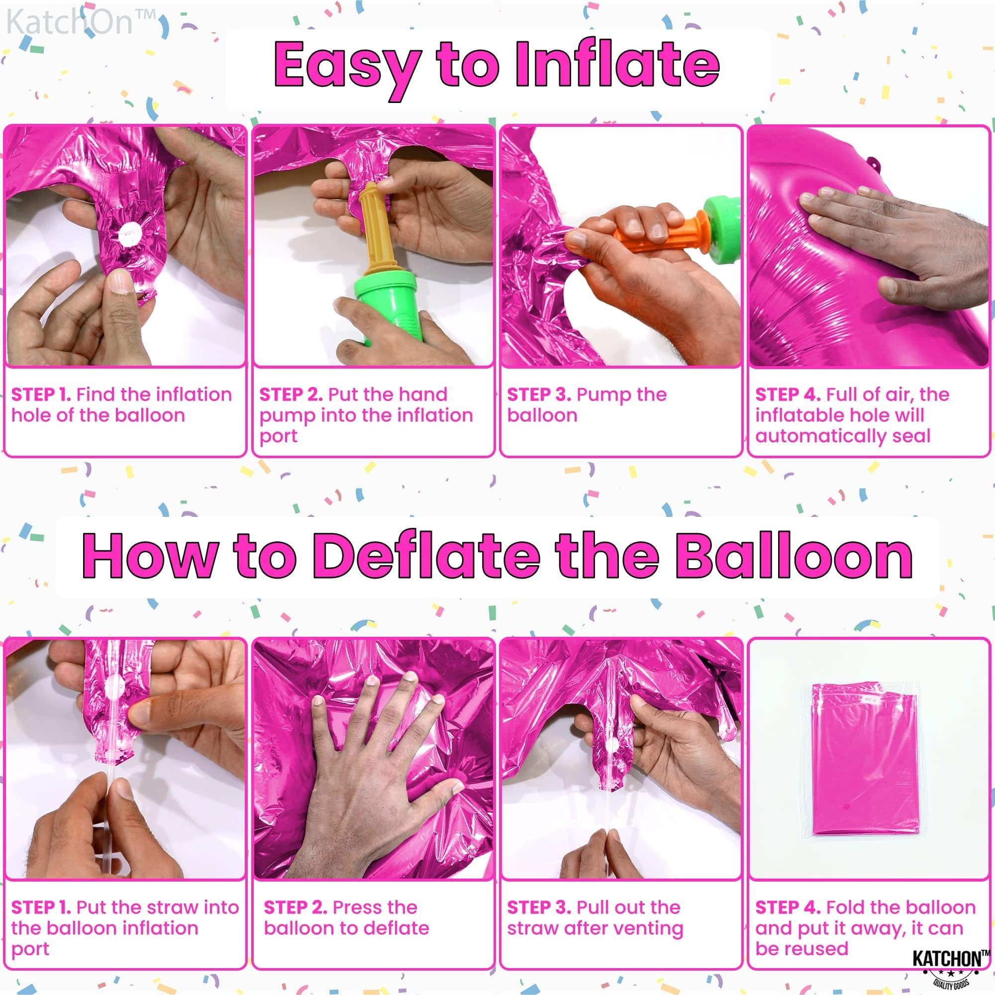 Instructions for inflating and deflating a hot pink number 3 foil balloon with ribbon and straw.