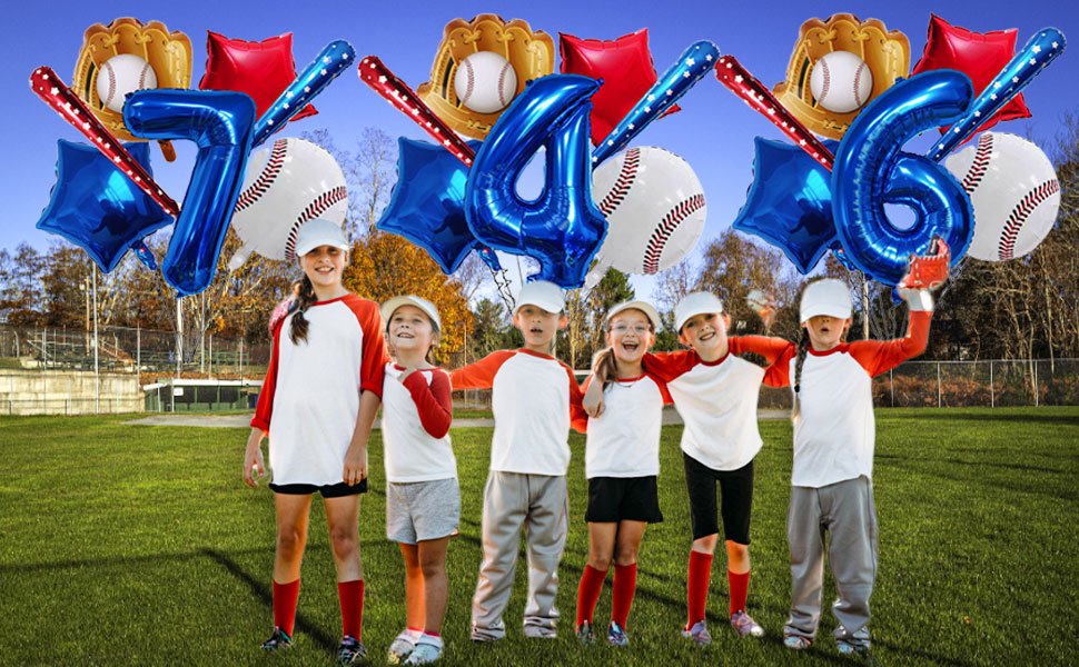 Children in baseball uniforms posing with a set of baseball-themed balloons including numbers 7, 4, and 6.
