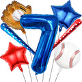 Navy blue number 7 balloon with baseball glove, bat, stars, and baseball balloons
