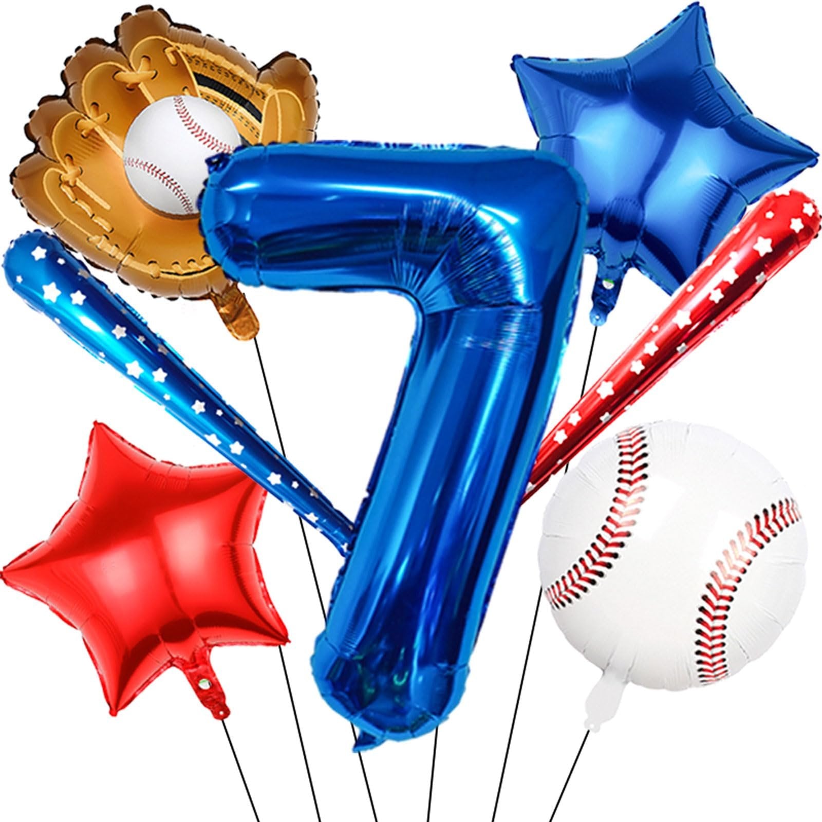 Navy blue number 7 balloon with baseball glove, bat, stars, and baseball balloons