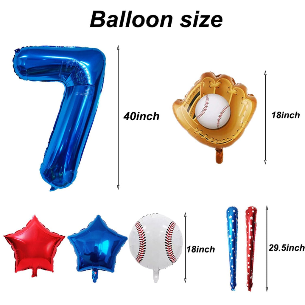Navy blue number 7 balloon with baseball, glove, bat, and star balloons, showing sizes
