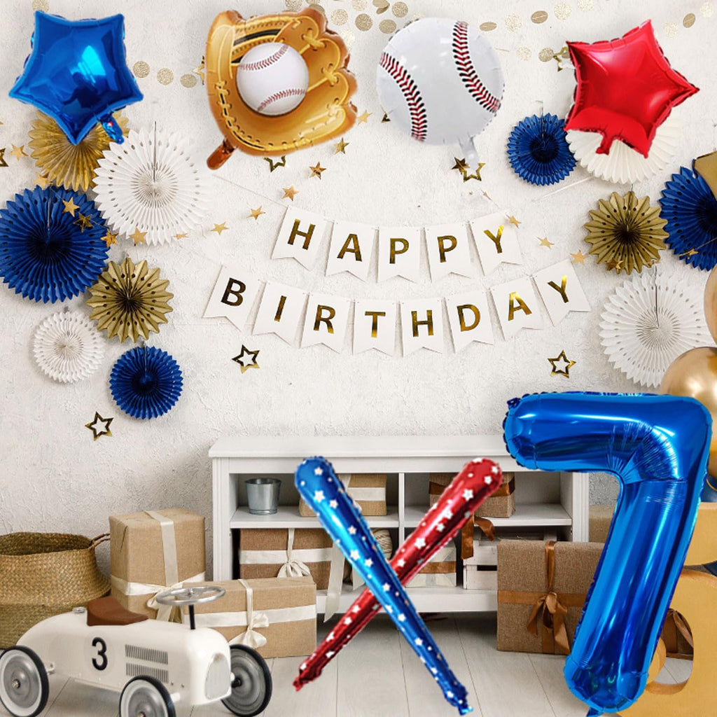 Navy blue number 7 balloon with baseball party decorations including a baseball glove, baseball, bat, and star balloons.