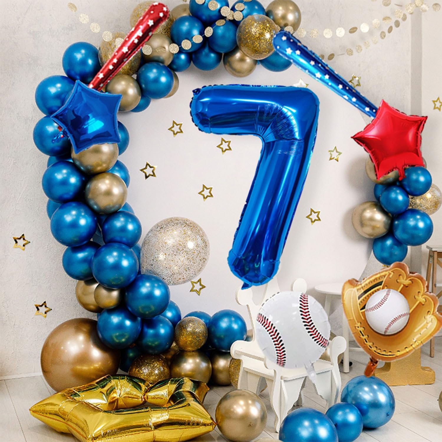Navy blue number 7 balloon with baseball-themed balloons including a glove, bat, and baseballs, arranged in a garland.