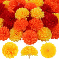 Artificial marigold flower heads in red, orange, and yellow, shown in a pile and three individual close-ups.