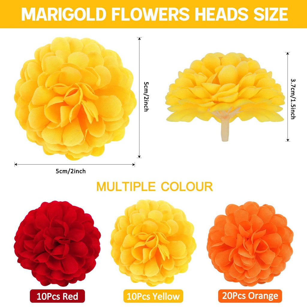 Artificial marigold flower heads in red, yellow, and orange, with size and quantity callouts.