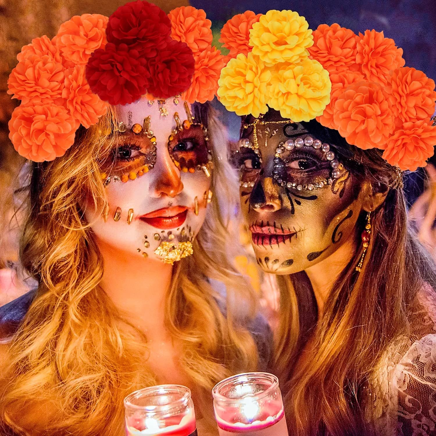Two women with Dia de los Muertos makeup wearing marigold flower crowns and holding candles