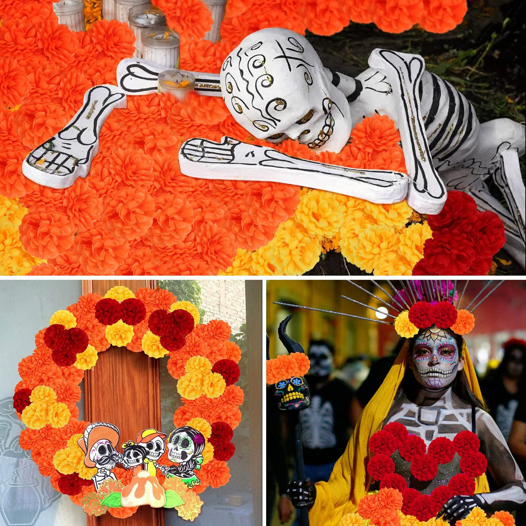 Collage of Day of the Dead decorations: skeleton with marigolds, marigold wreath with calavera figures, and woman in Dia de Muertos makeup with marigolds.