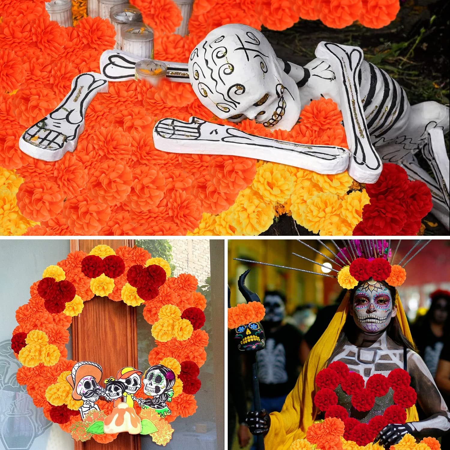 Collage of Day of the Dead decorations: skeleton with marigolds, marigold wreath with calavera figures, and woman in Dia de Muertos makeup with marigolds.