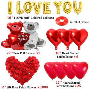 Valentine's Day balloon kit contents including I LOVE YOU foil balloons, bear balloons, heart balloons, silk rose petals, and ribbon.