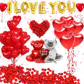Valentine's Day balloon kit with gold 'I LOVE YOU' letter balloons, red heart balloons, teddy bear balloons, and silk rose petals.