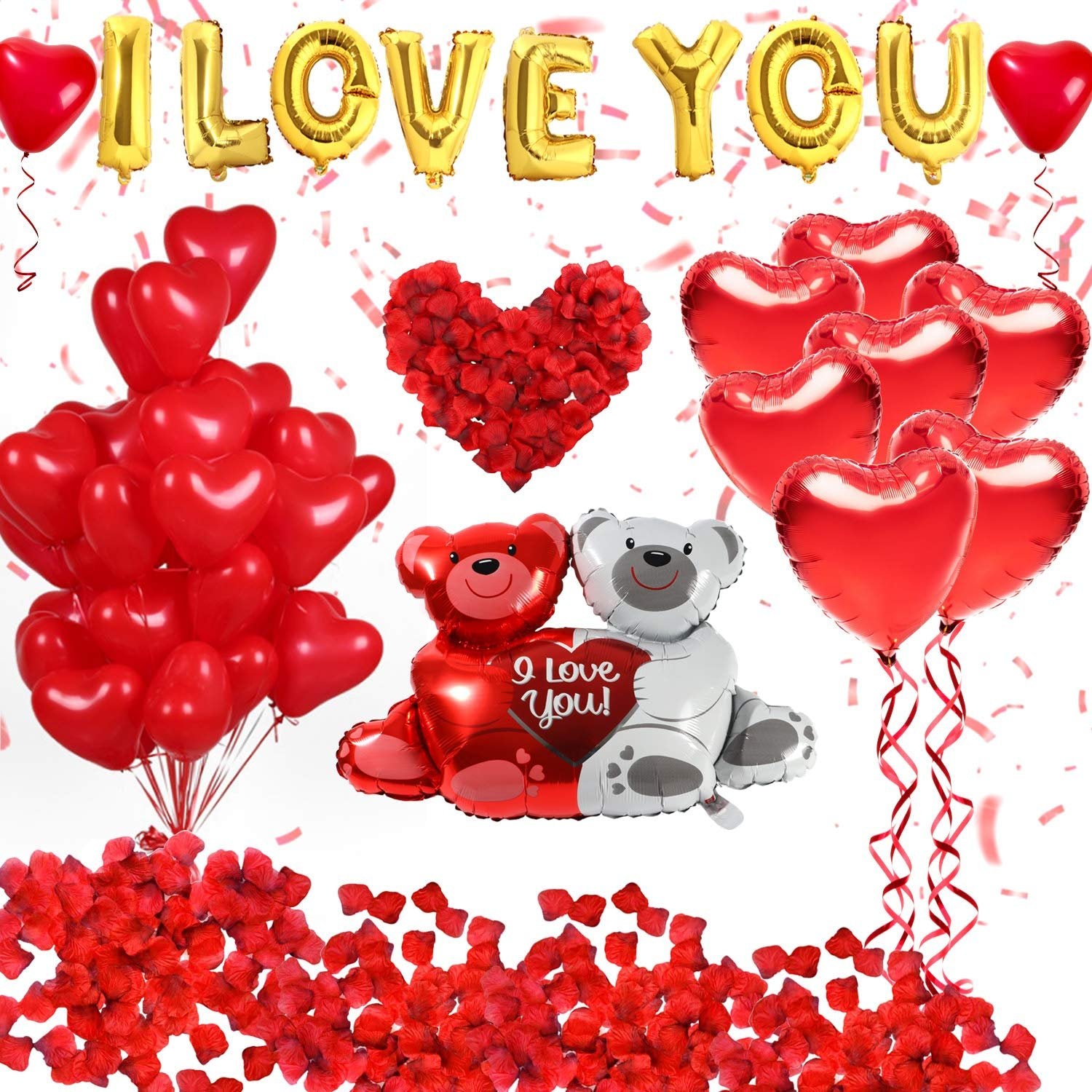 Valentine's Day balloon kit with gold 'I LOVE YOU' letter balloons, red heart balloons, teddy bear balloons, and silk rose petals.