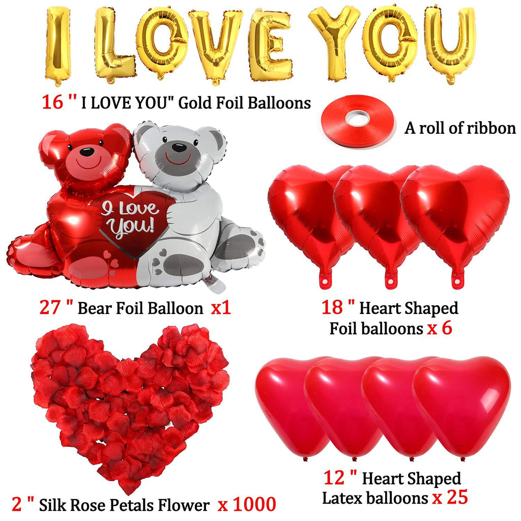 Valentine's Day balloon kit with gold foil 'I LOVE YOU' balloons, red and white bear balloons, red heart foil balloons, red heart latex balloons, and red silk rose petals.