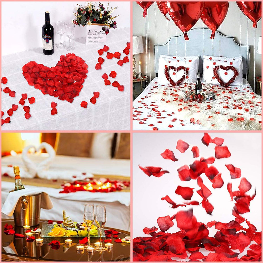 Collage of Valentine's Day romantic decor: rose petals on a table with wine, a bed decorated with rose petals and heart balloons, a tray with fruit and champagne, and falling rose petals.