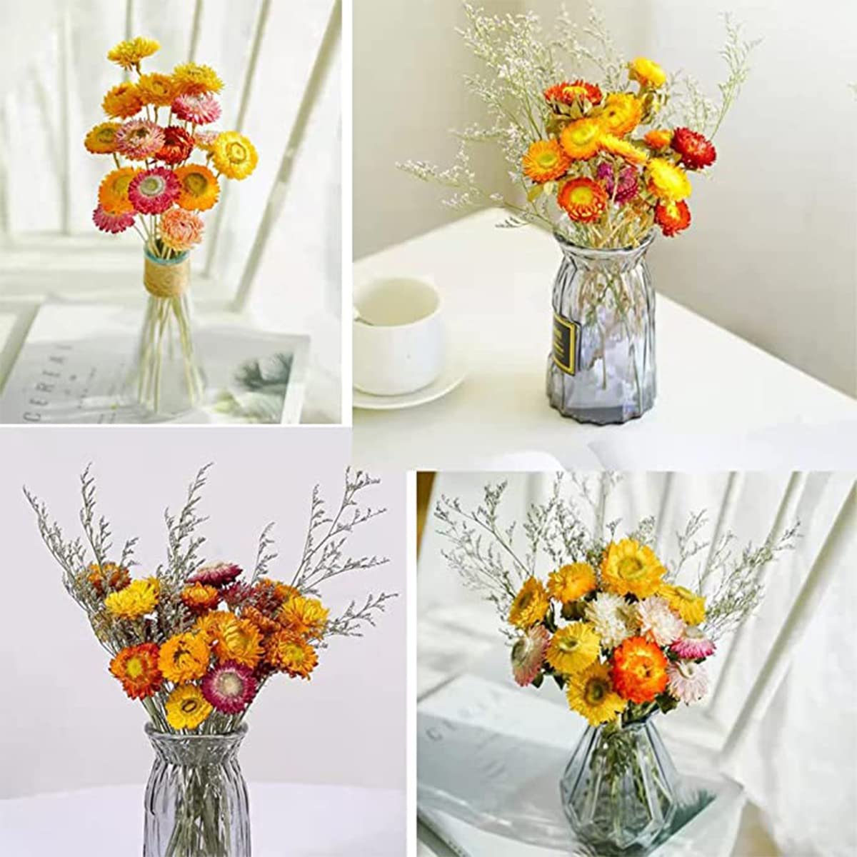 Collage of four arrangements of dried daisies in glass vases, showcasing colorful blooms and delicate greenery.