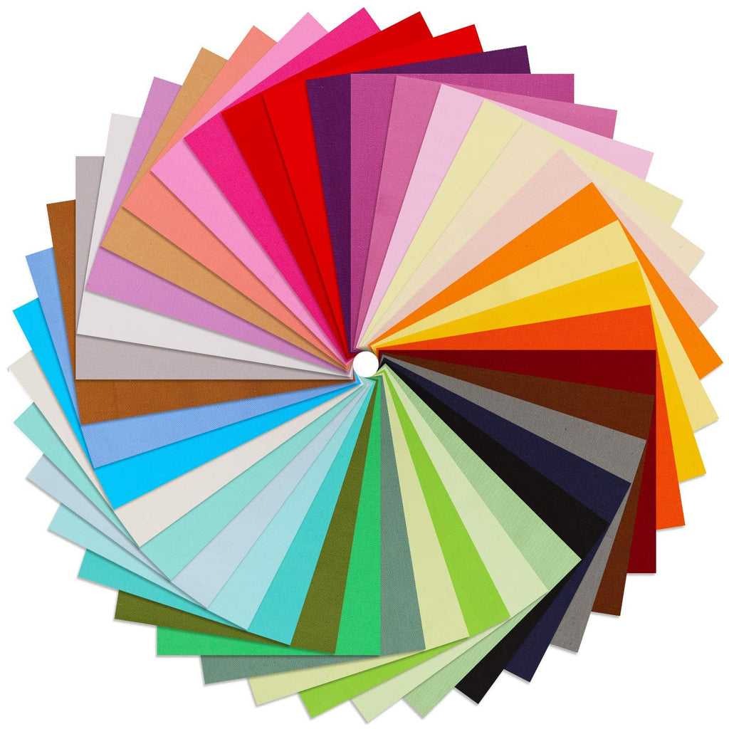 Fan arrangement of 40 solid color 10x10 inch cotton fabric squares for crafts