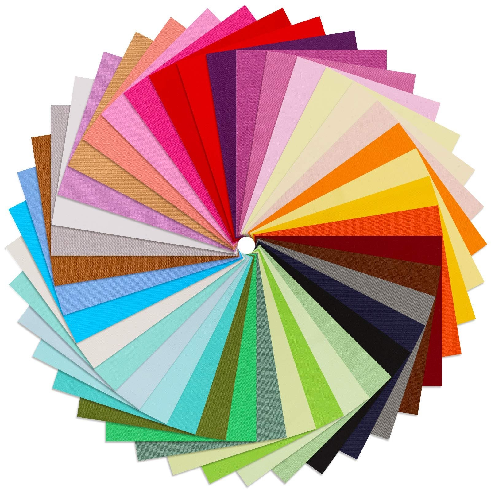 Fan arrangement of 40 solid color 10x10 inch cotton fabric squares for crafts