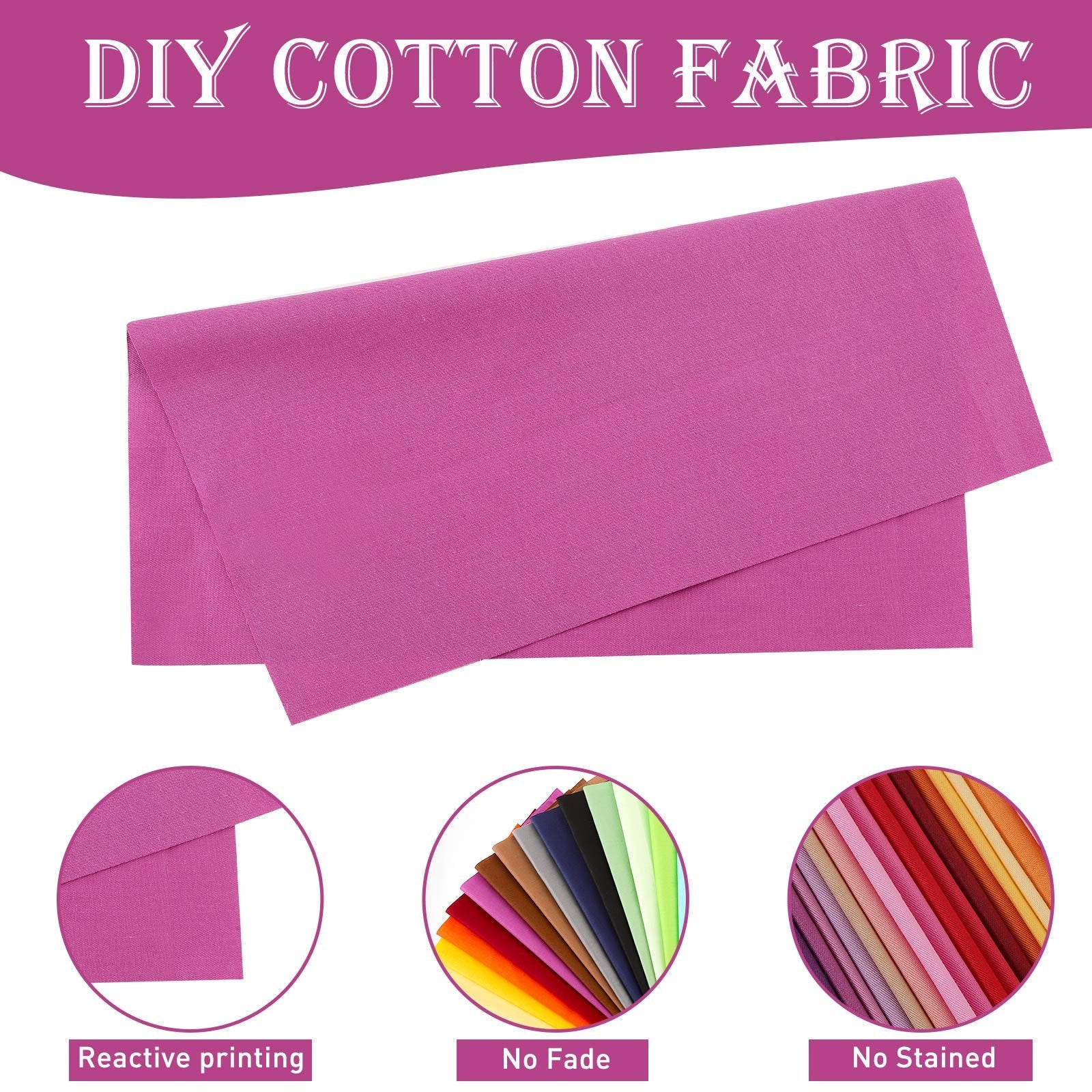 Folded pink cotton fabric with three circular insets showing fabric samples and text labels: Reactive printing, No Fade, No Stained.