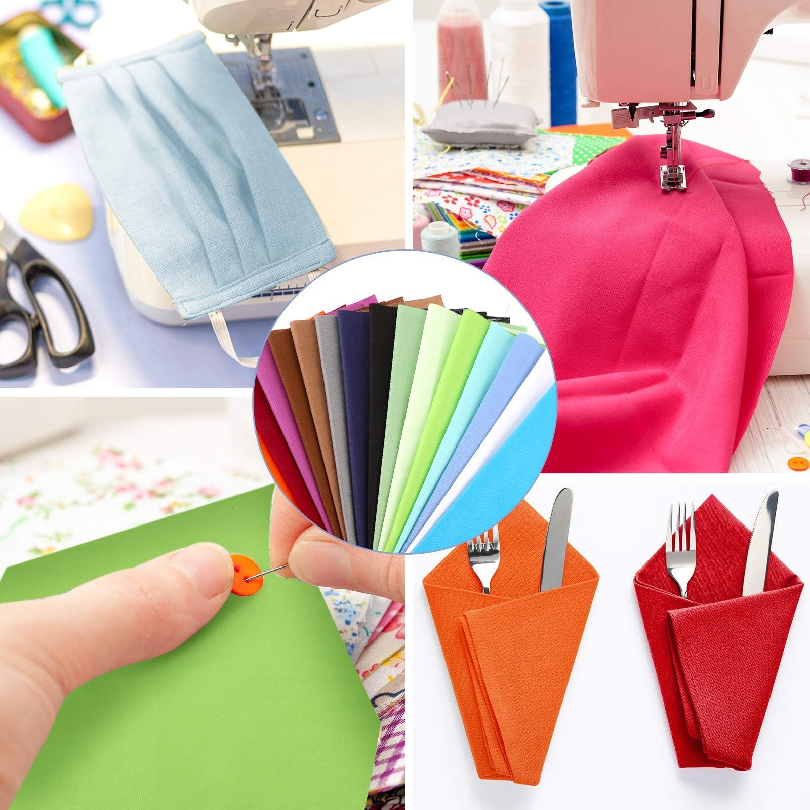 Collage of fabric crafts: light blue face mask on sewing machine, pink fabric being sewn, hand sewing orange button, fabric swatches, and orange and red napkins with cutlery.