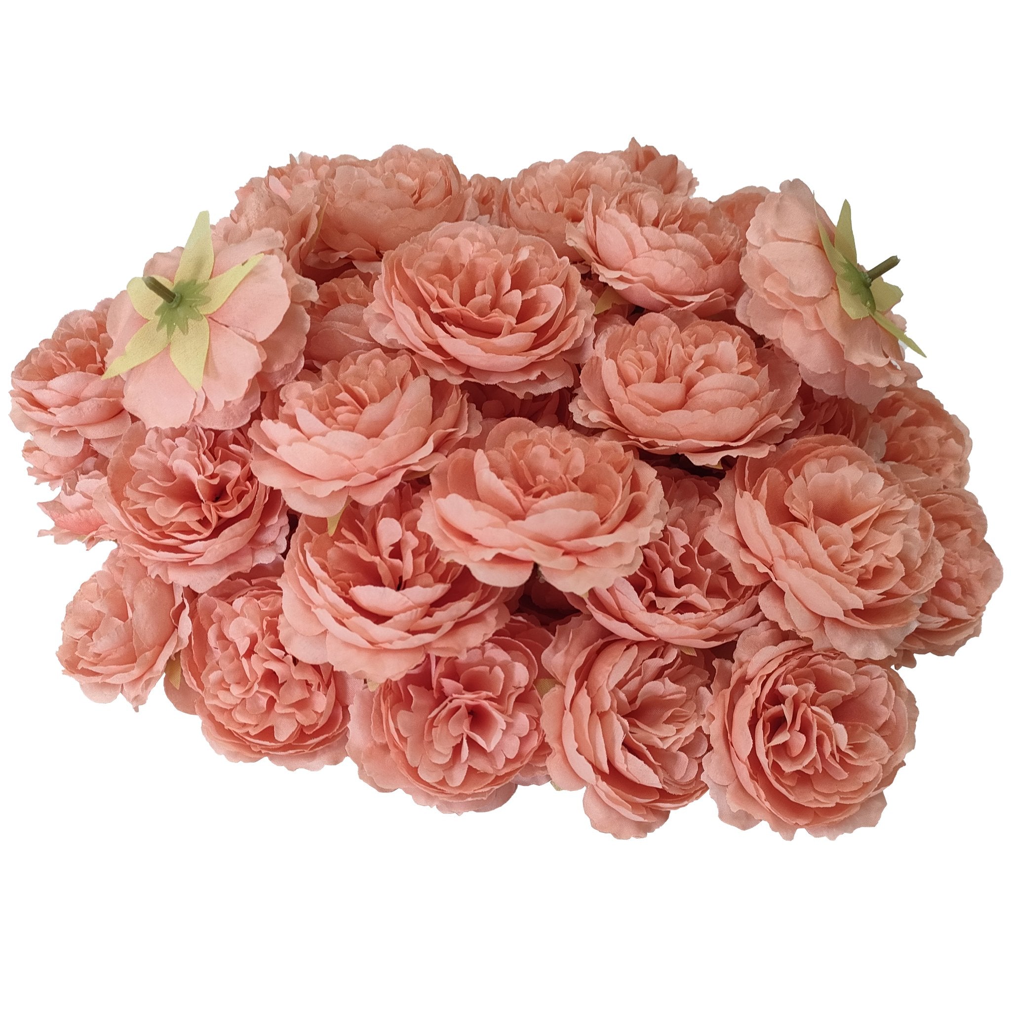 Pile of 40 pink artificial rose heads, stemless, for DIY crafts and decor