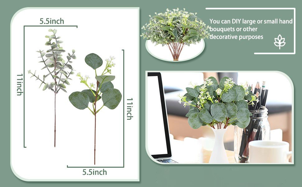 Two artificial eucalyptus stems with dimensions shown, and a bouquet in a vase next to a laptop and pencils.
