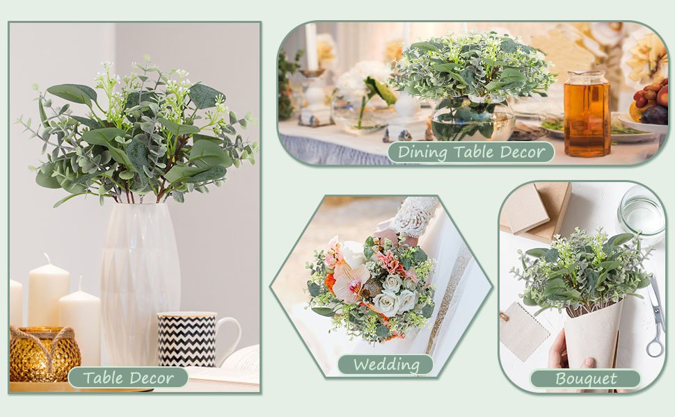Artificial eucalyptus stems arranged in a vase and in various decor settings.