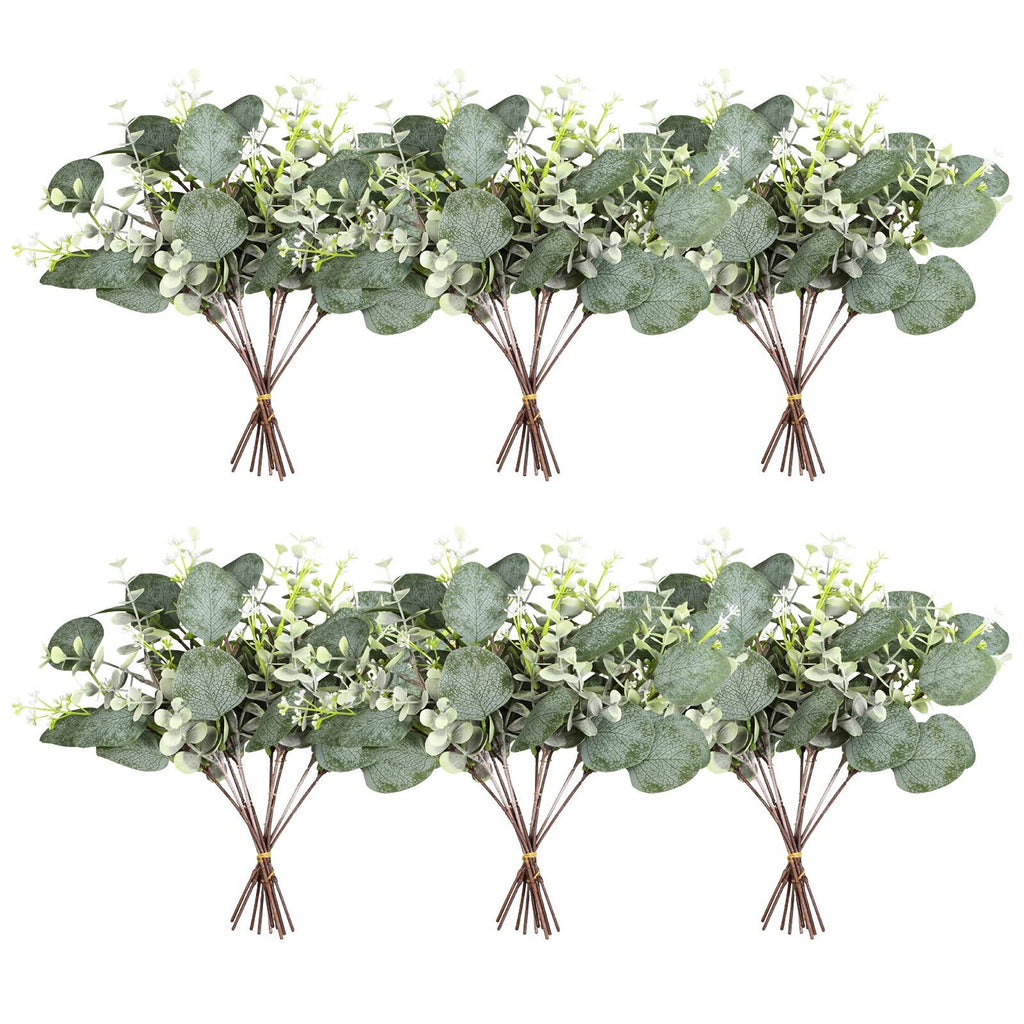 Two rows of artificial eucalyptus stems with silver dollar and baby leaves, tied with yellow bands.