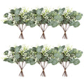 Two rows of artificial eucalyptus stems with silver dollar and baby leaves, tied with yellow bands.