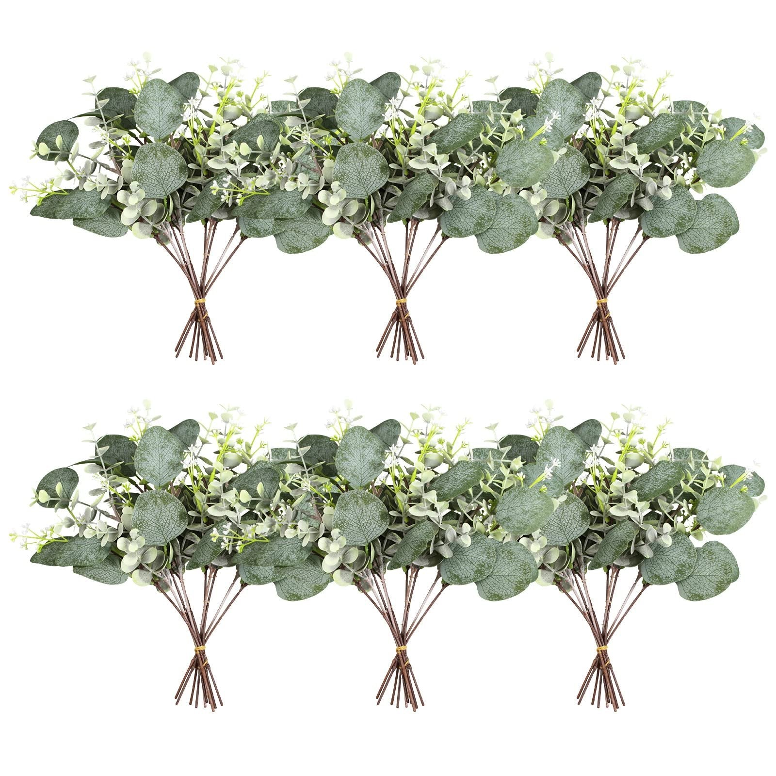 Two rows of artificial eucalyptus stems with silver dollar and baby leaves, tied with yellow bands.