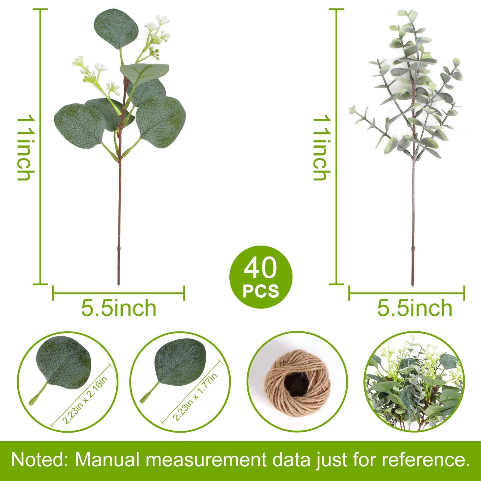 Two artificial eucalyptus stems with dimensions and leaf close-ups, plus a bundle of twine and a sprig of greenery.