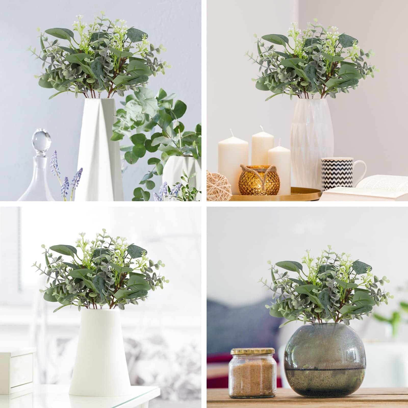 Four arrangements of artificial eucalyptus stems with silver dollar and baby leaves in vases, candles, and jars.