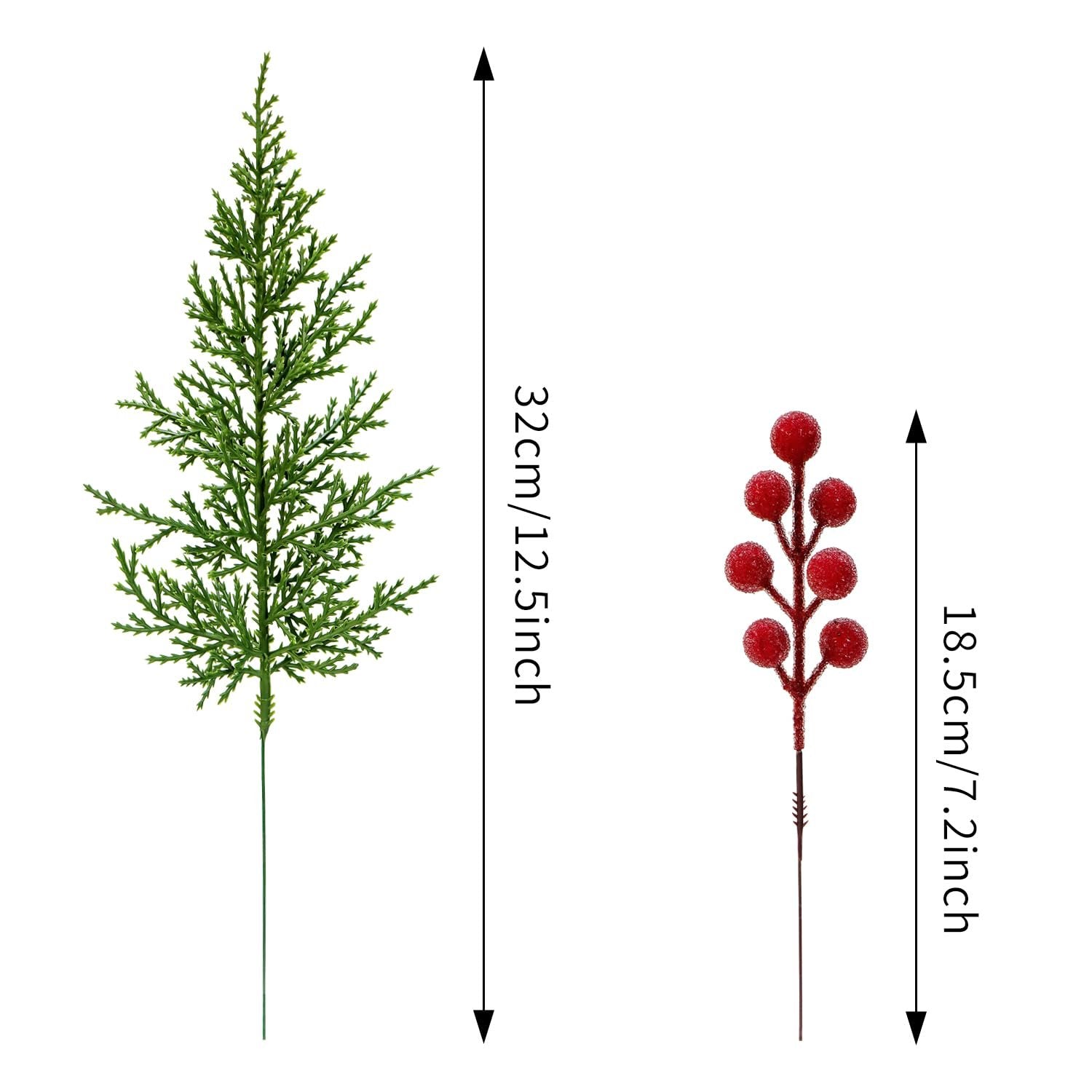 Artificial pine branch and red berry stem with size indicators