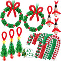 Christmas ornament craft kit contents including wreaths, snowmen, candy canes, and trees made of beads and pipe cleaners.
