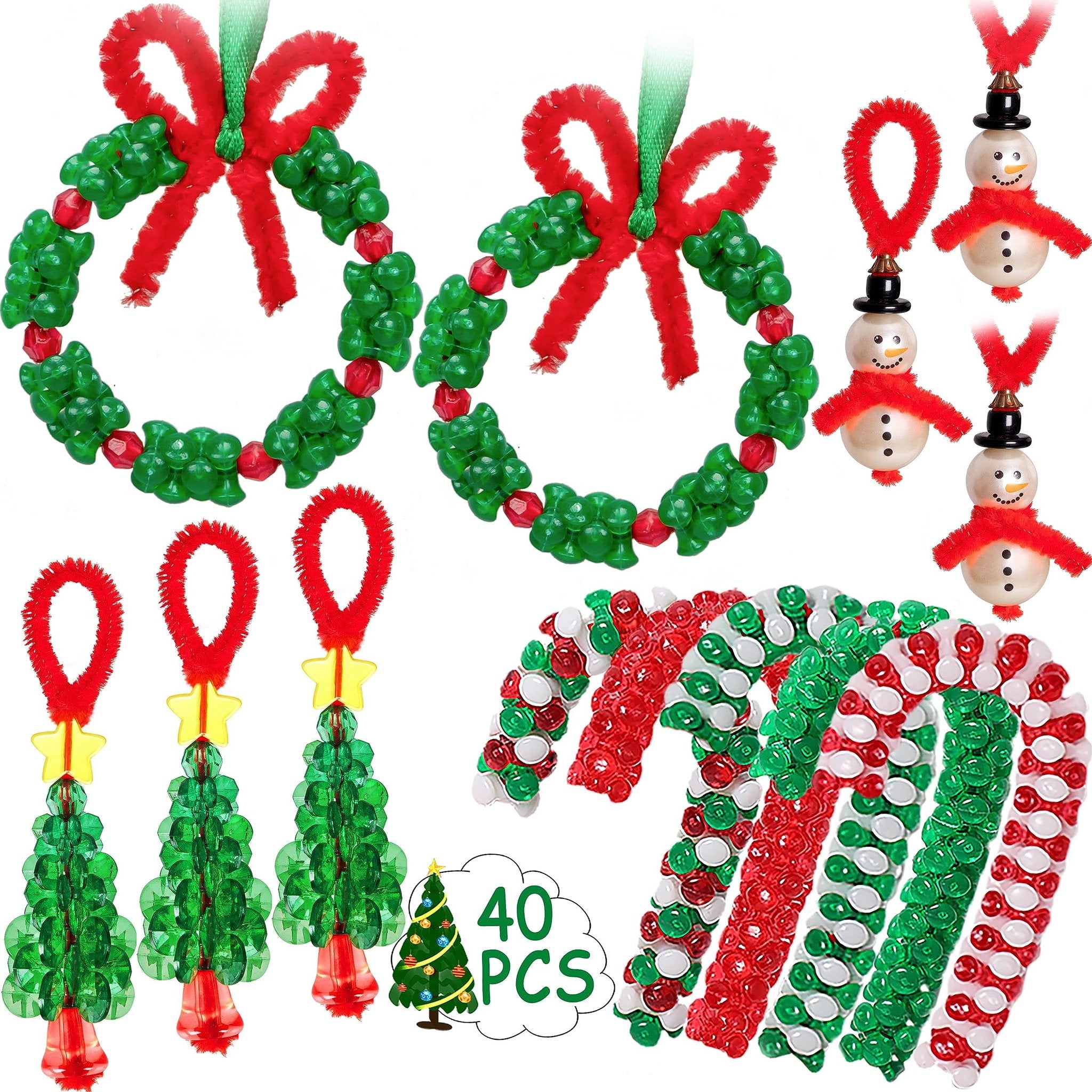 Christmas ornament craft kit contents including wreaths, snowmen, candy canes, and trees made of beads and pipe cleaners.