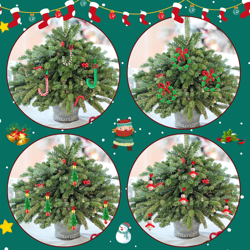Four circular images of small Christmas trees decorated with handmade beaded ornaments including candy canes, wreaths, trees, and snowmen.