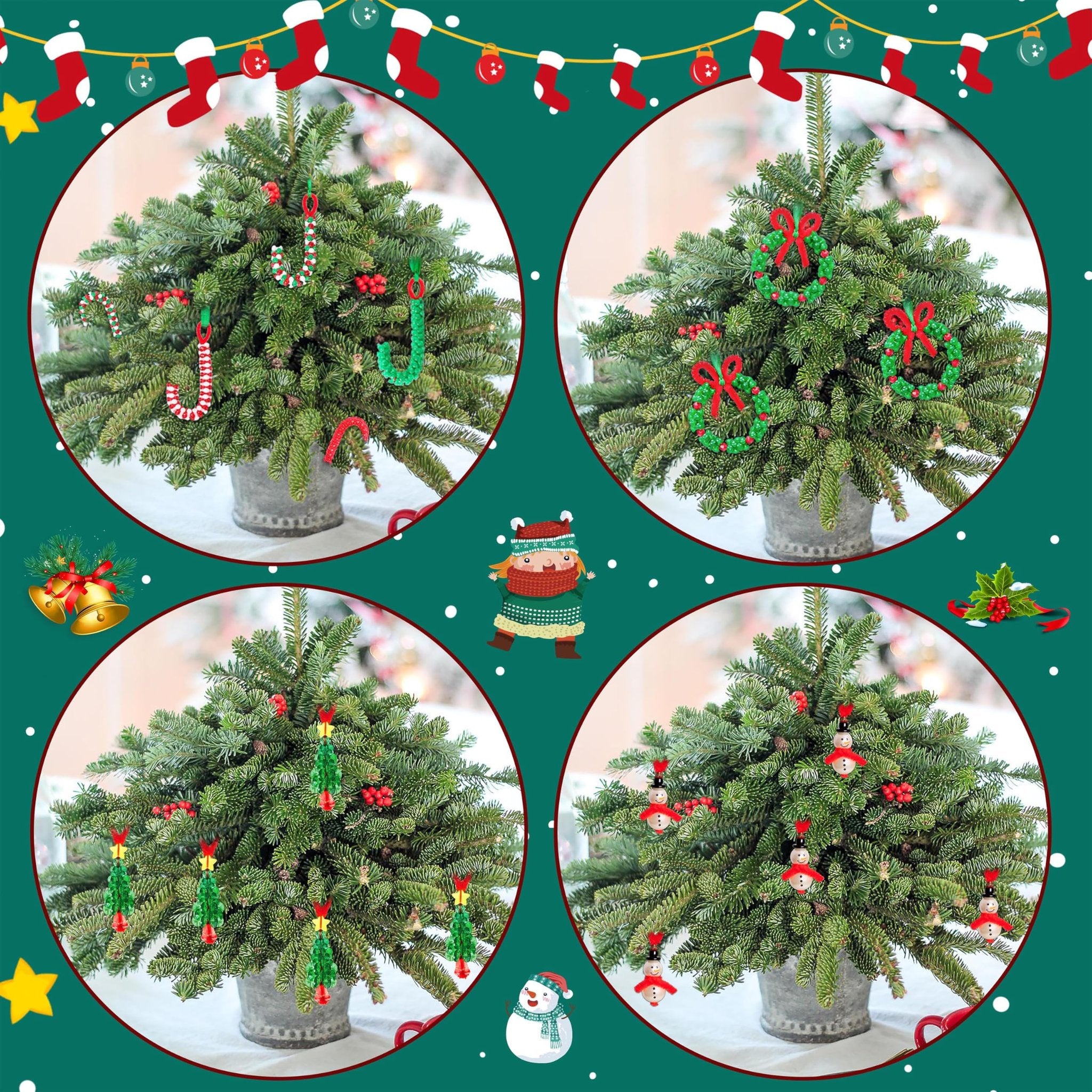 Four circular images of small Christmas trees decorated with handmade beaded ornaments including candy canes, wreaths, trees, and snowmen.