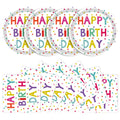 Birthday paper plates and napkins with colorful polka dots and 'Happy Birthday' text.