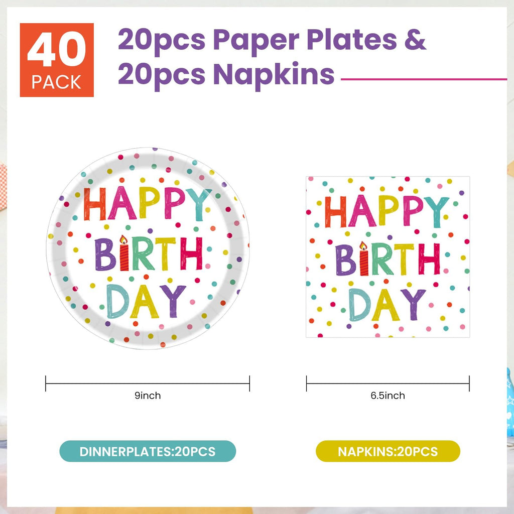Birthday paper plates and napkins set with colorful polka dots and 'Happy Birthday' text. Includes one 9-inch plate and one 6.5-inch napkin.