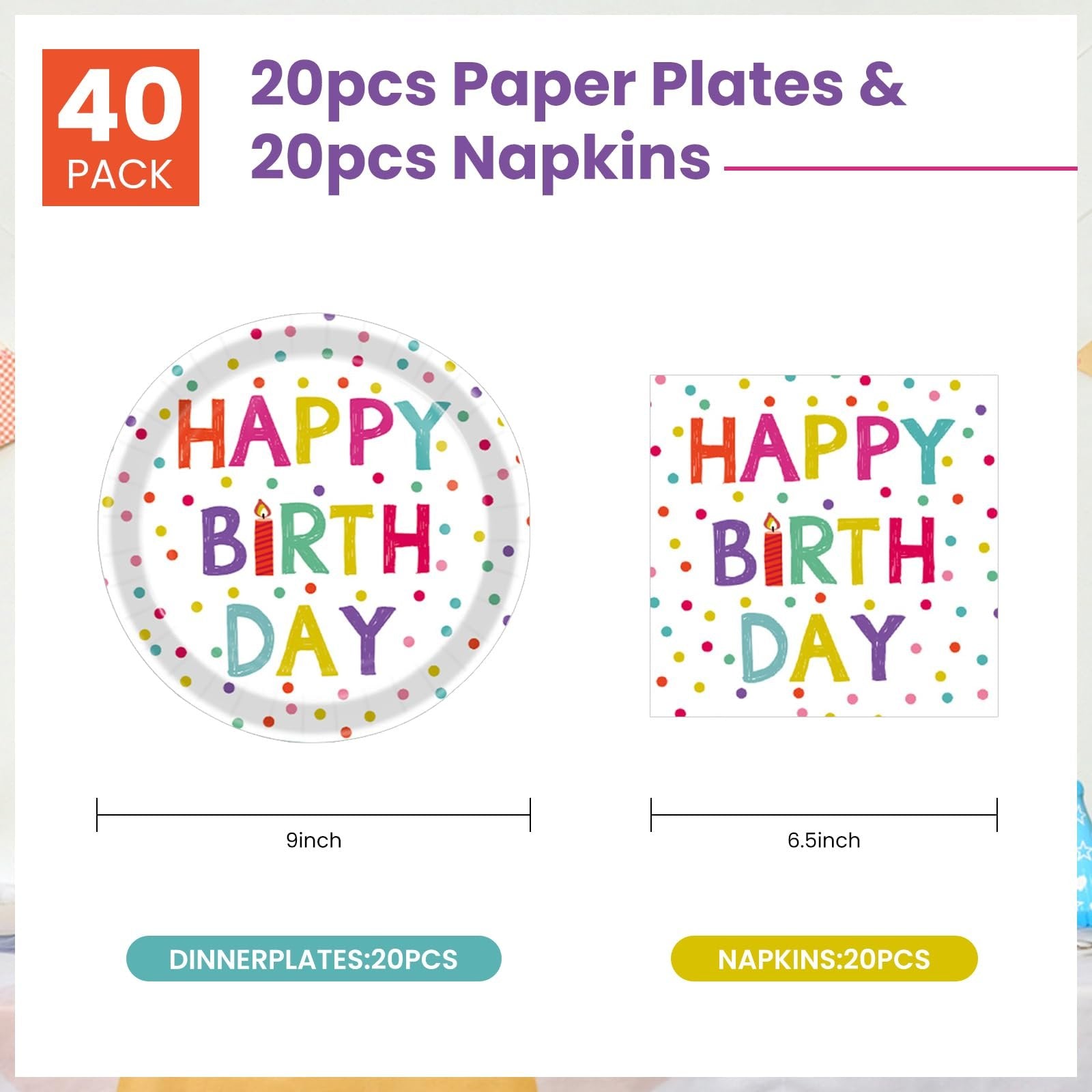 Birthday paper plates and napkins set with colorful polka dots and 'Happy Birthday' text. Includes one 9-inch plate and one 6.5-inch napkin.