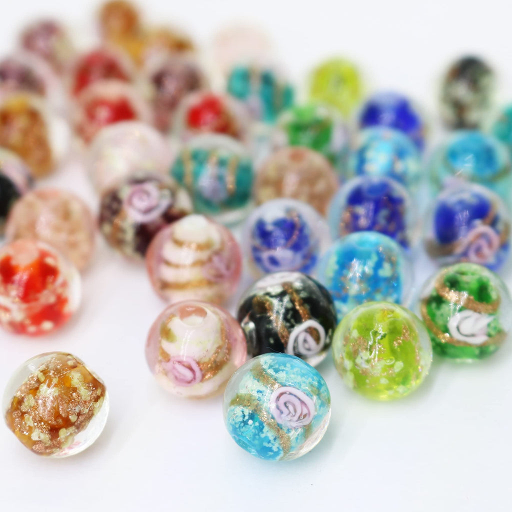 Assortment of 12mm European lampwork glass beads with gold foil and fluorescent sparkles for jewelry making.