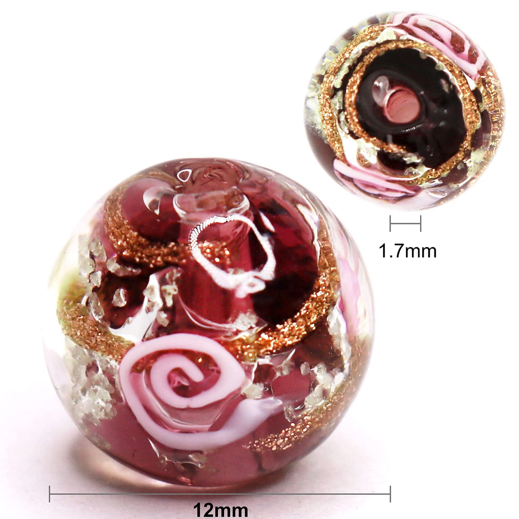 Close-up of a single 12mm round glass bead with pink swirls, gold foil flecks, and a dark center, shown with a smaller inset view and size indicators.