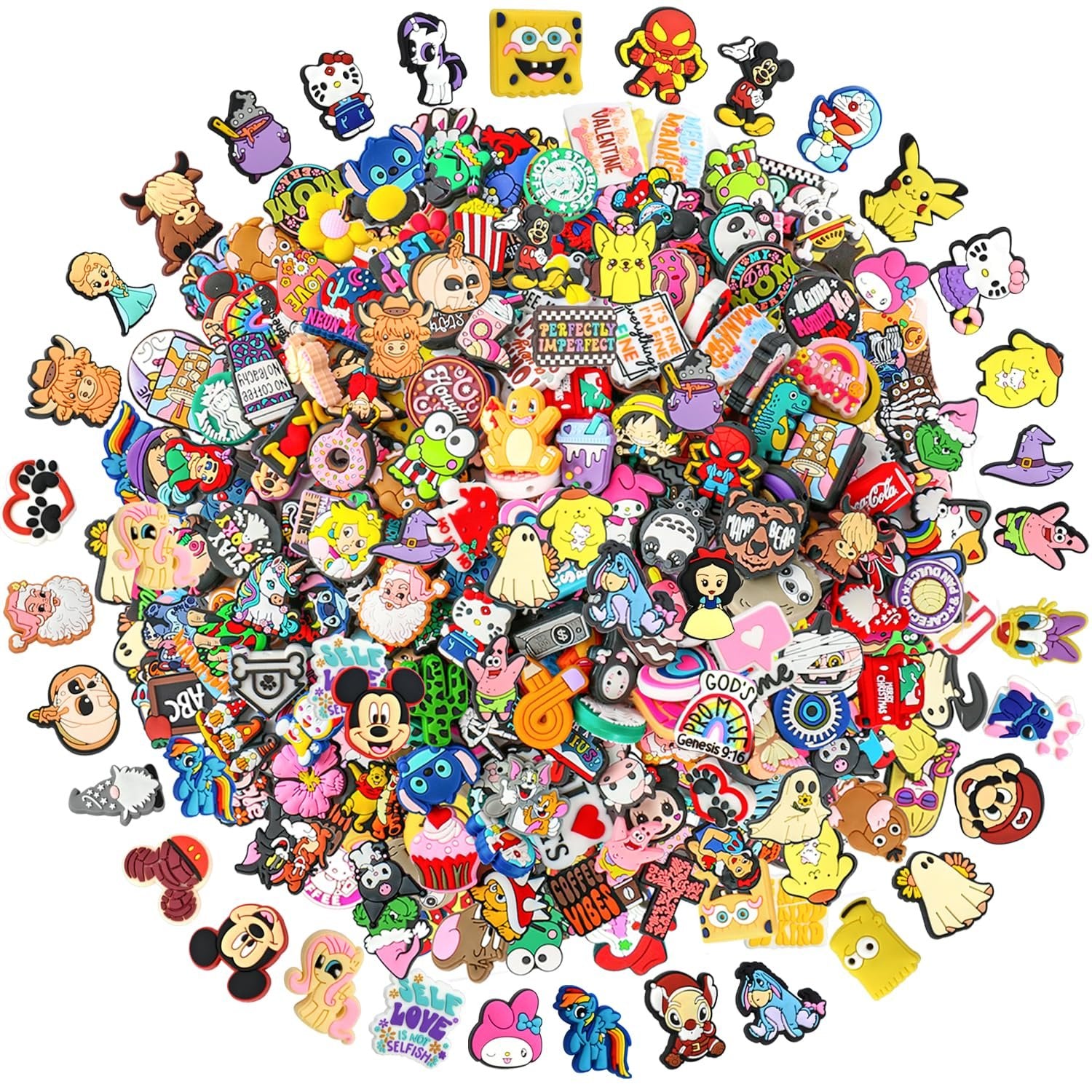 Collection of 40 assorted cartoon silicone charms for crafts, including characters, food, and symbols, arranged in a circular pattern.