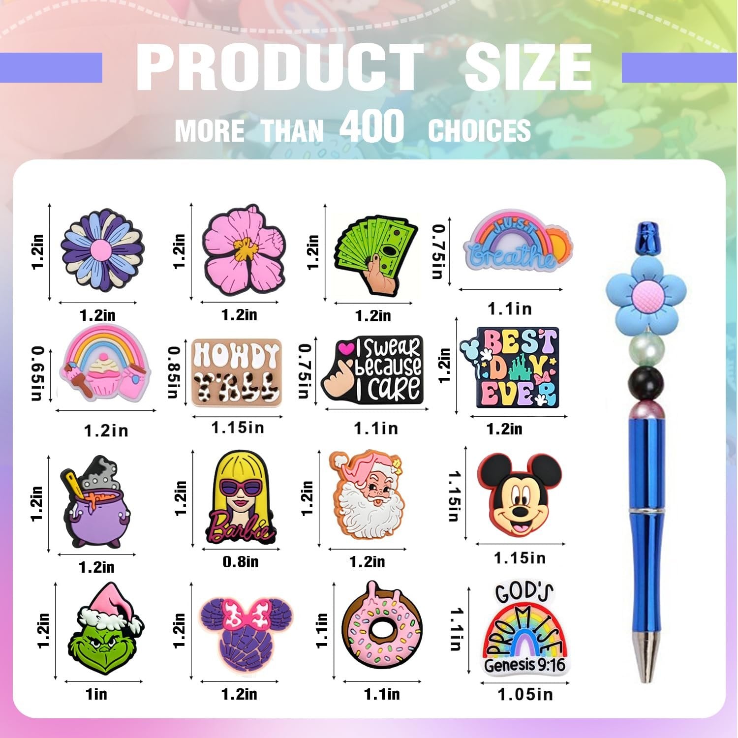Collection of cartoon silicone charms and a pen, with size indicators for each charm.