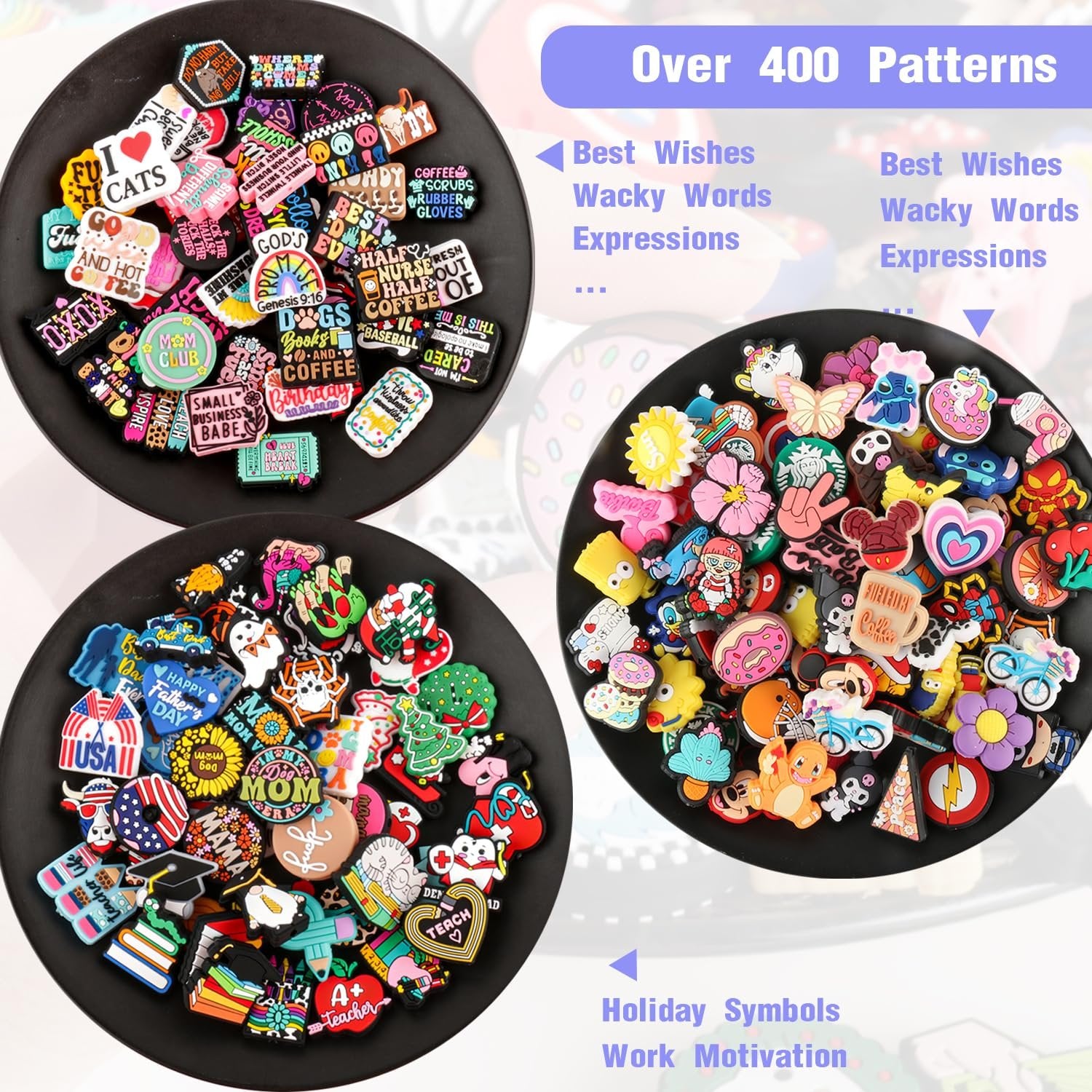 Collage of three black plates filled with colorful cartoon silicone charms for crafts, including animals, food, holidays, and inspirational text.