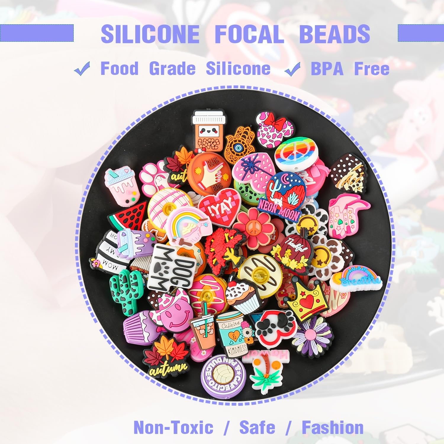 Assortment of 40 cartoon silicone focal beads for crafts, featuring various designs like food, animals, and nature.